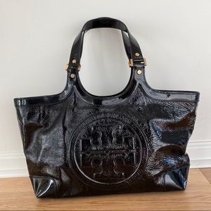 Tory Burch Black Crinkled Patent Leather Tote